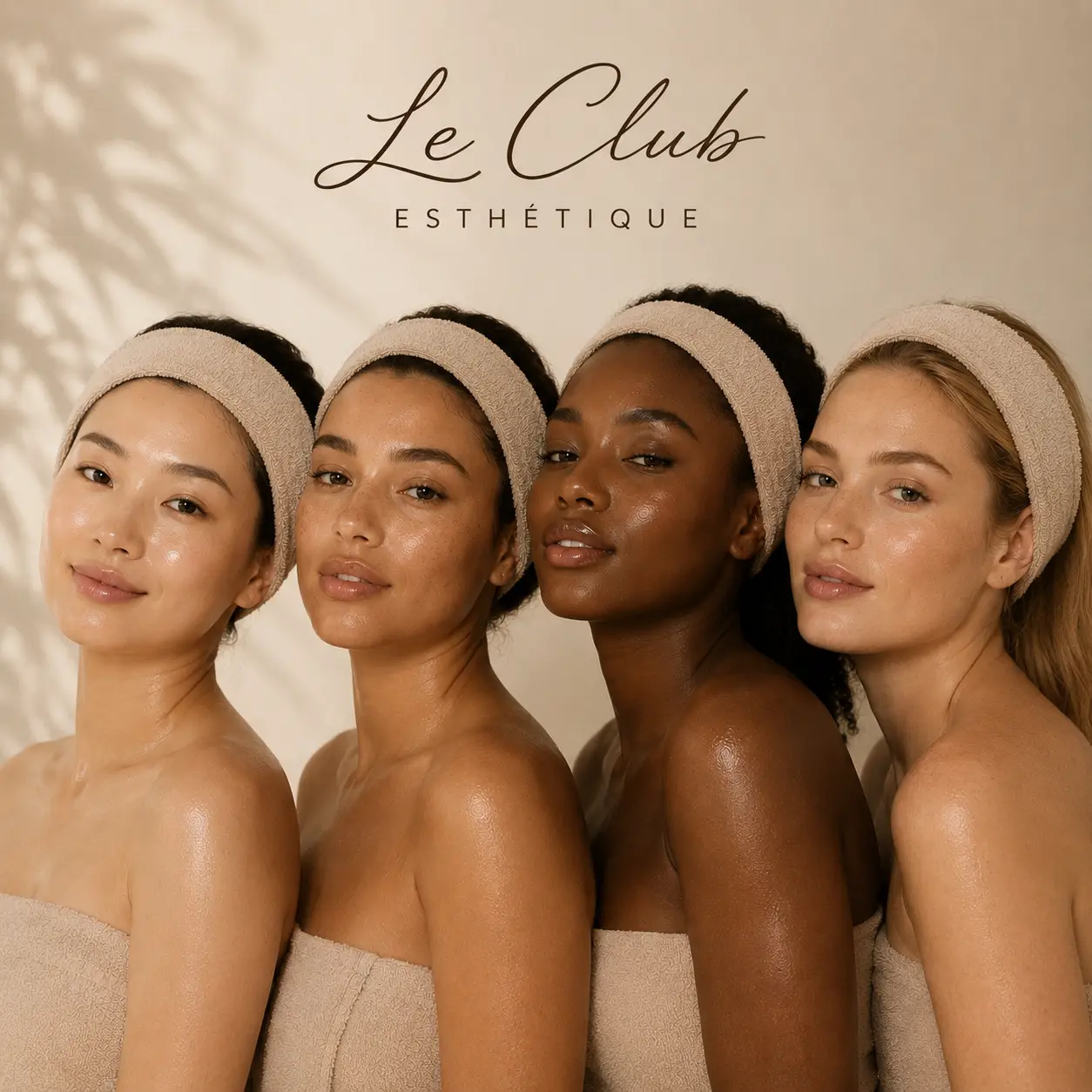 Four clients in spa headbands beneath the Le Club Esthétique logo