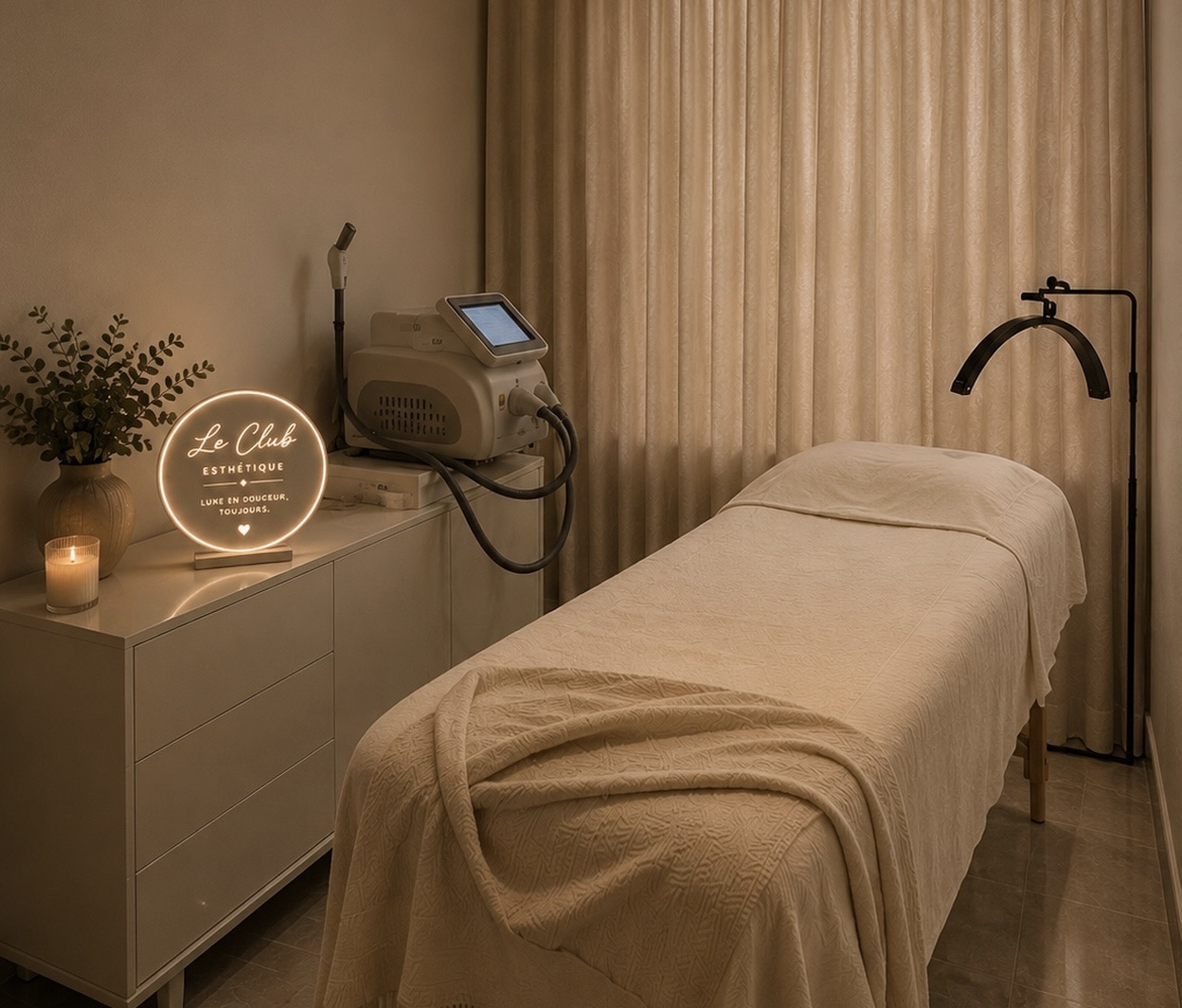 Treatment room with a draped bed and the illuminated Le Club Esthétique sign